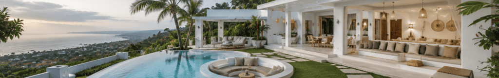Luxury villa infinity pool overlooking the coastline at dusk