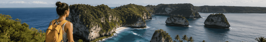 Traveler overlooking a bay dotted with limestone karst islands