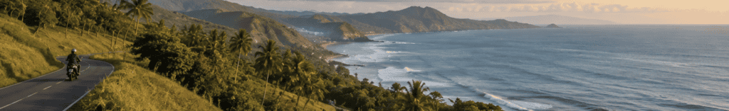 Motorbike rider on a coastal road with green hills and ocean views near Jakarta
